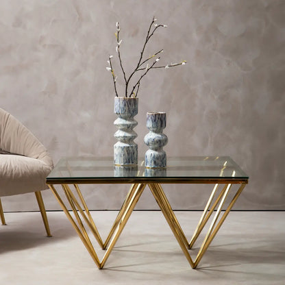 Gold Prismatic Square Coffee Table with Clear Glass Top and Pincer Style Legs, Allure