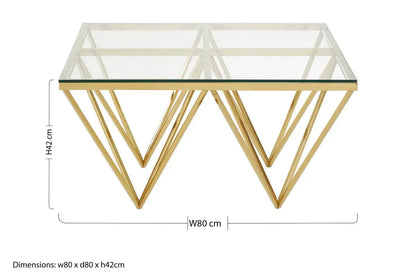 Gold Prismatic Square Coffee Table with Clear Glass Top and Pincer Style Legs, Allure