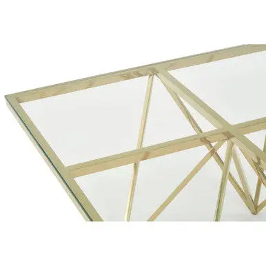 Gold Prismatic Square Coffee Table with Clear Glass Top and Pincer Style Legs, Allure