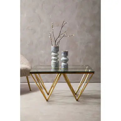 Gold Prismatic Square Coffee Table with Clear Glass Top and Pincer Style Legs, Allure