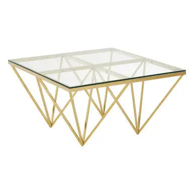 Gold Prismatic Square Coffee Table with Clear Glass Top and Pincer Style Legs, Allure