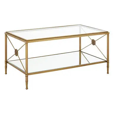 Gold Tarnished Brass Frame Coffee Table with Two-Tier Glass Shelves, Axis