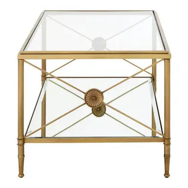 Gold Tarnished Brass Frame Coffee Table with Two-Tier Glass Shelves, Axis