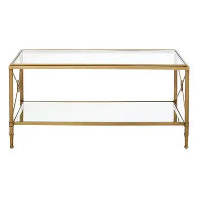 Gold Tarnished Brass Frame Coffee Table with Two-Tier Glass Shelves, Axis