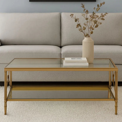 Gold Tarnished Brass Frame Coffee Table with Two-Tier Glass Shelves, Axis