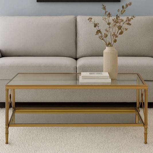 Gold Tarnished Brass Frame Coffee Table with Two-Tier Glass Shelves, Axis