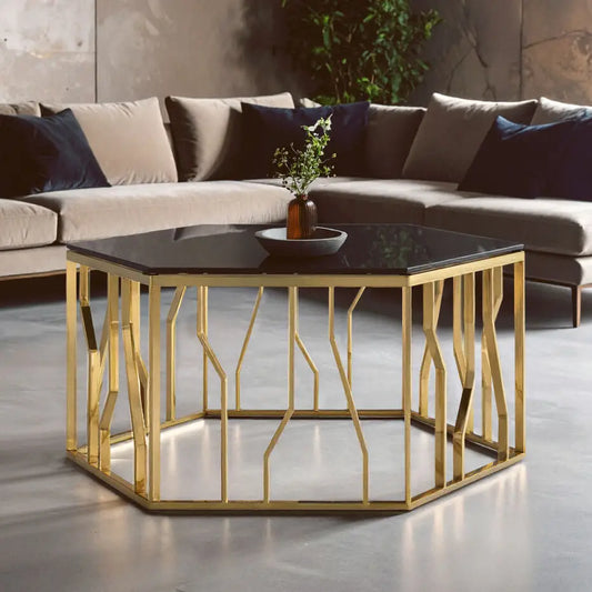 Gold Tone Stainless Steel Hexagonal Coffee Table with Black Glass Top | Alvaro