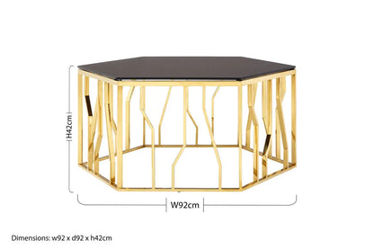 Gold Tone Stainless Steel Hexagonal Coffee Table with Black Glass Top, Alvaro