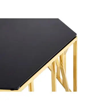 Gold Tone Stainless Steel Hexagonal Coffee Table with Black Glass Top, Alvaro