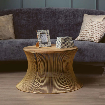 Gold Wooden Top Coffee Table with Metallic Hourglass Frame, Templar