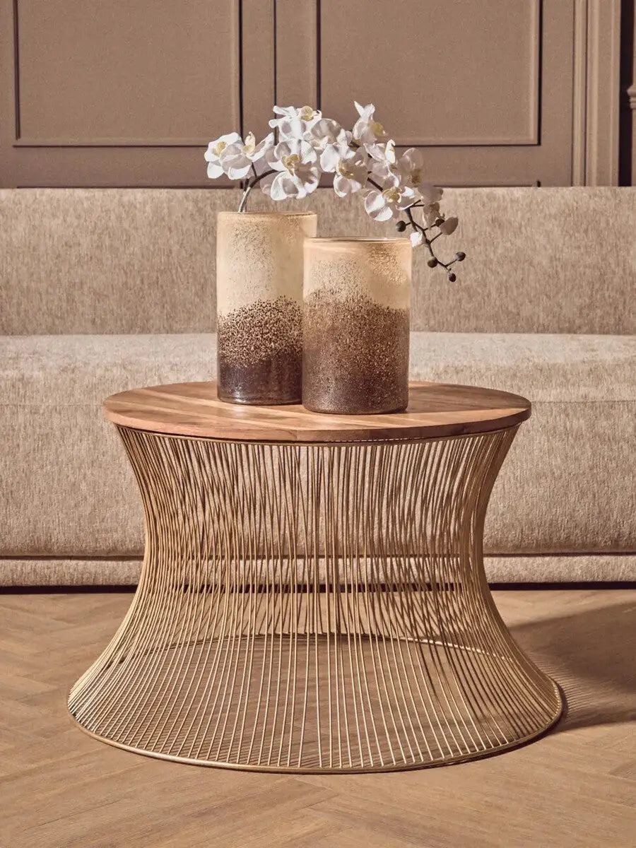 Gold Wooden Top Coffee Table with Metallic Hourglass Frame, Templar
