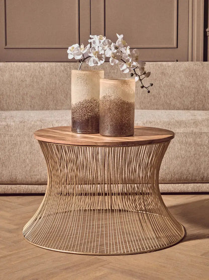 Gold Wooden Top Coffee Table with Metallic Hourglass Frame, Templar