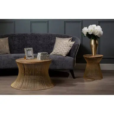 Gold Wooden Top Coffee Table with Metallic Hourglass Frame, Templar