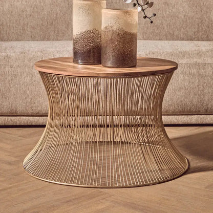Gold Wooden Top Coffee Table with Metallic Hourglass Frame, Templar