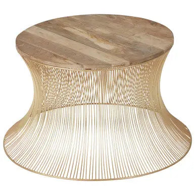 Gold Wooden Top Coffee Table with Metallic Hourglass Frame, Templar