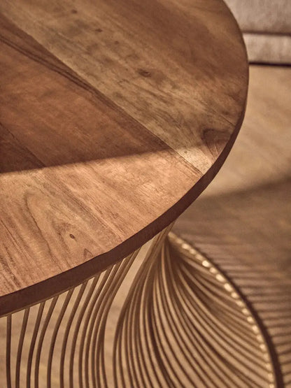 Gold Wooden Top Coffee Table with Metallic Hourglass Frame, Templar
