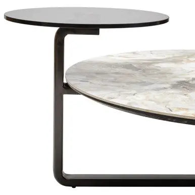 Green and Grey Marble Effect Ceramic Top 3 Tier Coffee Table with Grey Glass & Eucalyptus Veneer Shelves, Imperia