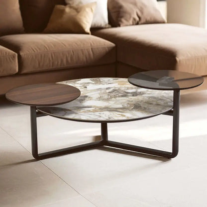 Green and Grey Marble Effect Ceramic Top 3 Tier Coffee Table with Grey Glass & Eucalyptus Veneer Shelves, Imperia
