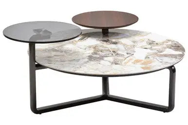 Green and Grey Marble Effect Ceramic Top 3 Tier Coffee Table with Grey Glass & Eucalyptus Veneer Shelves, Imperia