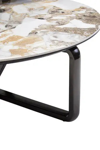 Green and Grey Marble Effect Ceramic Top 3 Tier Coffee Table with Grey Glass & Eucalyptus Veneer Shelves, Imperia
