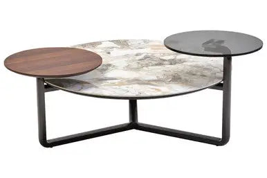 Green and Grey Marble Effect Ceramic Top 3 Tier Coffee Table with Grey Glass & Eucalyptus Veneer Shelves, Imperia