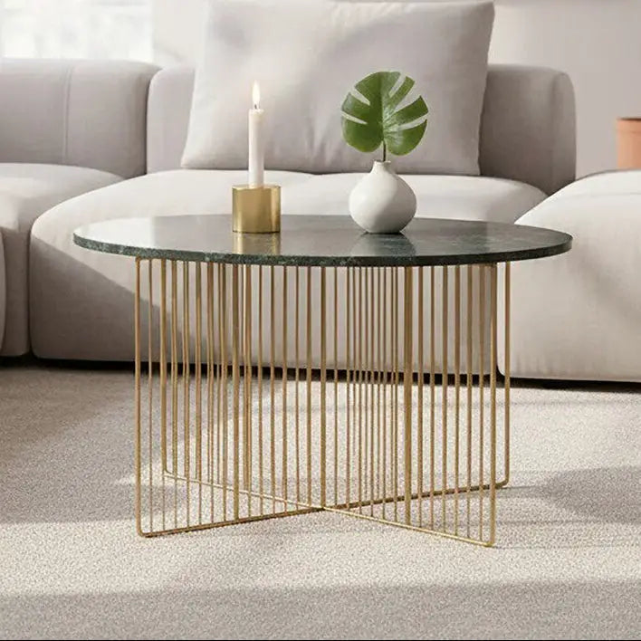 Green Round Marble Coffee Table with Gold Iron Rod Base, Nirav