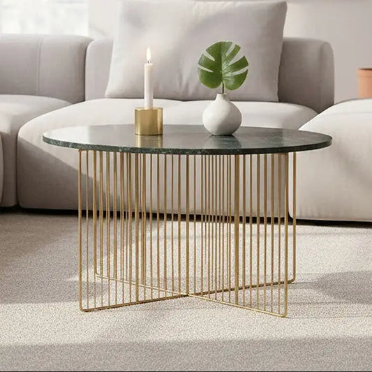 Green Round Marble Coffee Table with Gold Iron Rod Base, Nirav