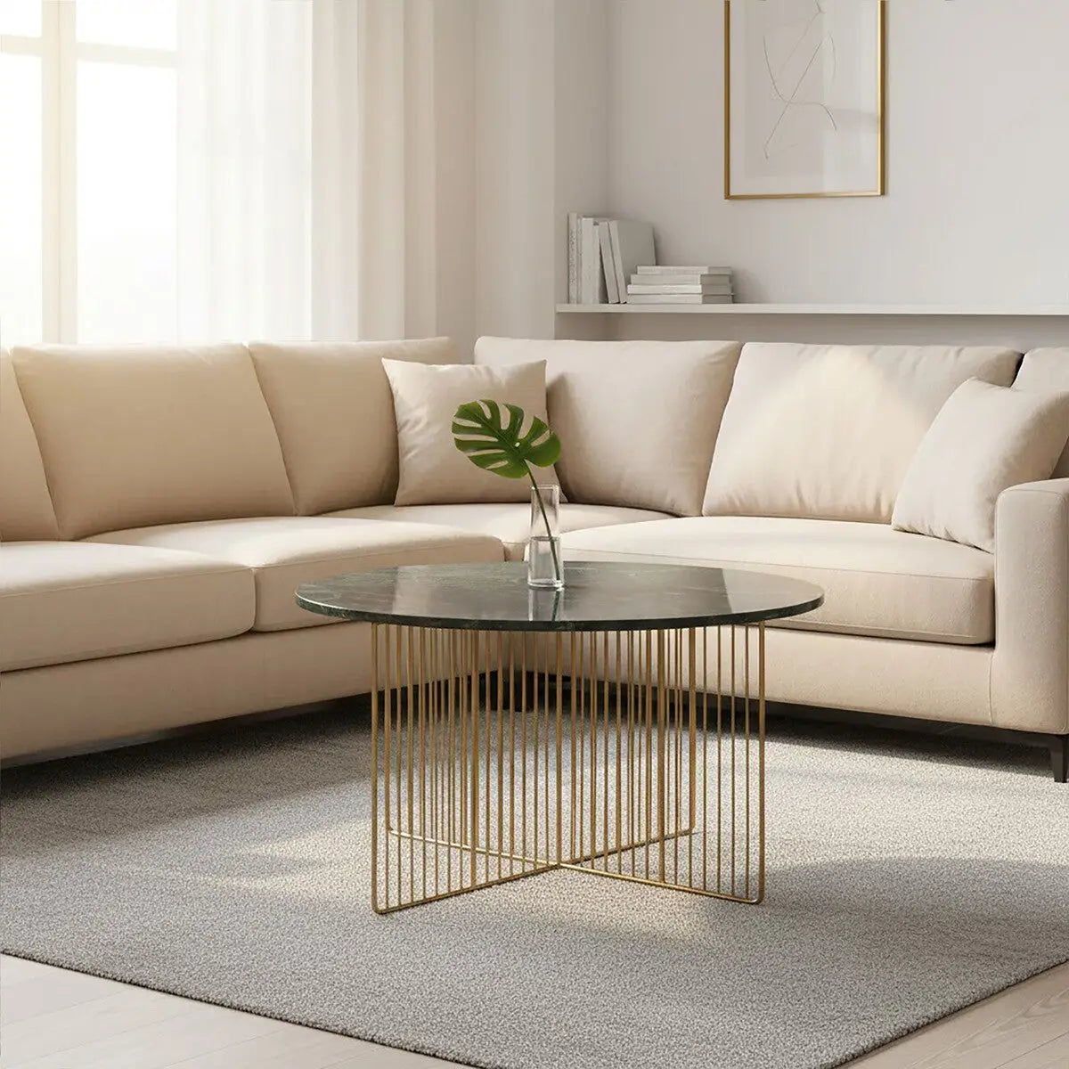 Green Round Marble Coffee Table with Gold Iron Rod Base, Nirav
