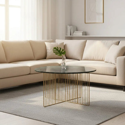 Green Round Marble Coffee Table with Gold Iron Rod Base, Nirav
