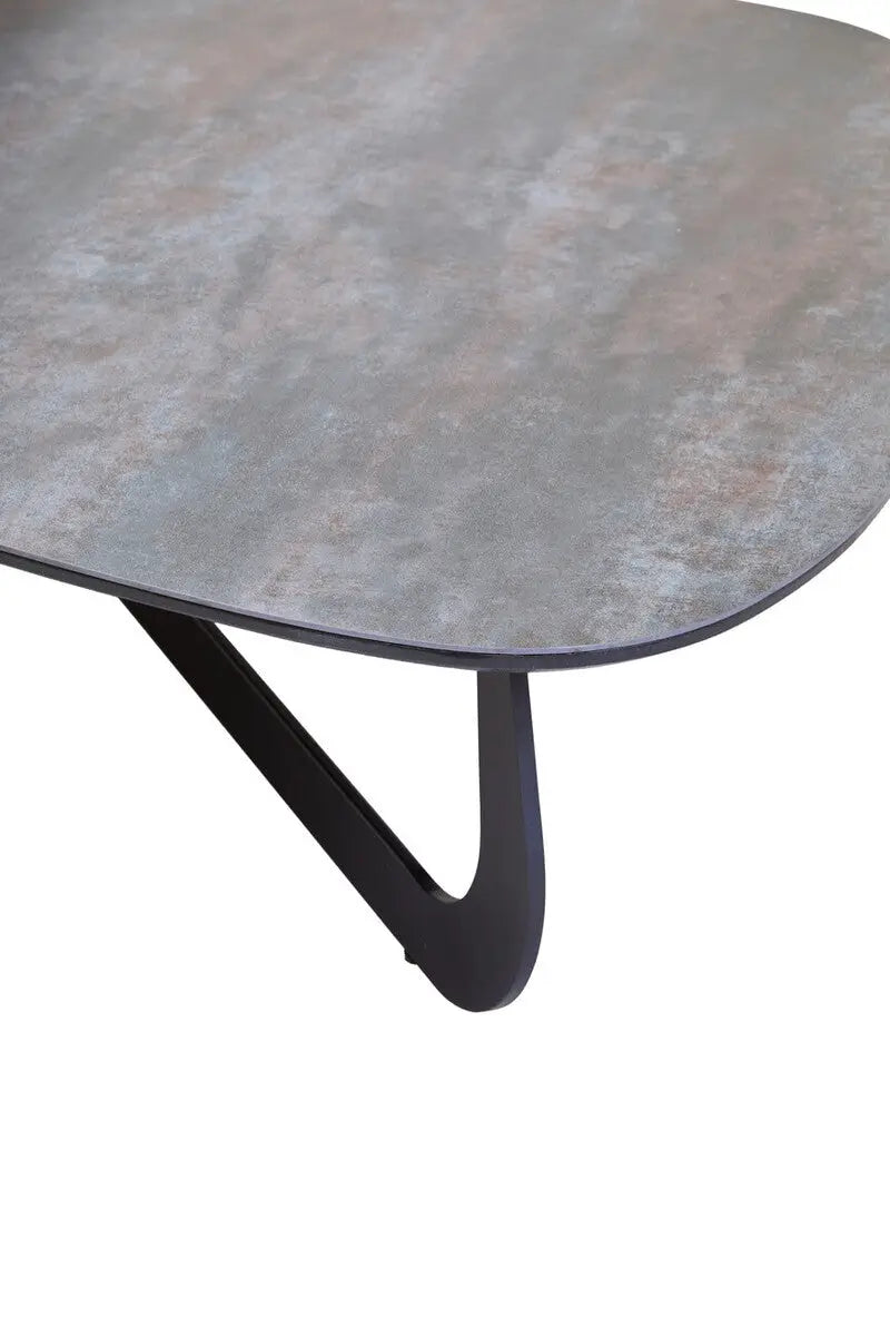 Grey and White Marble Effect Ceramic Tops Large 2-Tier Asymmetrical Coffee Table with Black Metal Base, Imperia