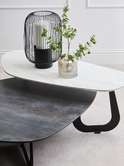 Grey and White Marble Effect Ceramic Tops Large 2-Tier Asymmetrical Coffee Table with Black Metal Base, Imperia