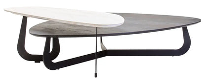 Grey and White Marble Effect Ceramic Tops Large 2-Tier Asymmetrical Coffee Table with Black Metal Base, Imperia