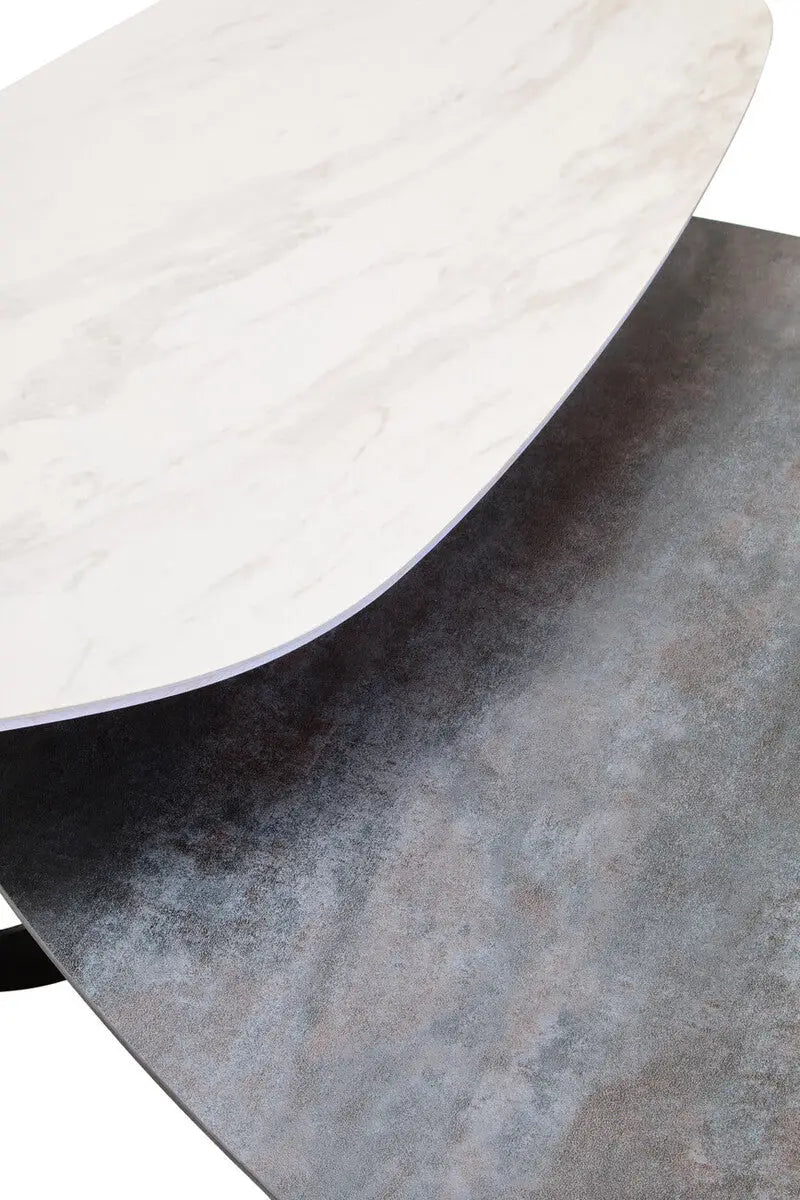 Grey and White Marble Effect Ceramic Tops Large 2-Tier Asymmetrical Coffee Table with Black Metal Base, Imperia