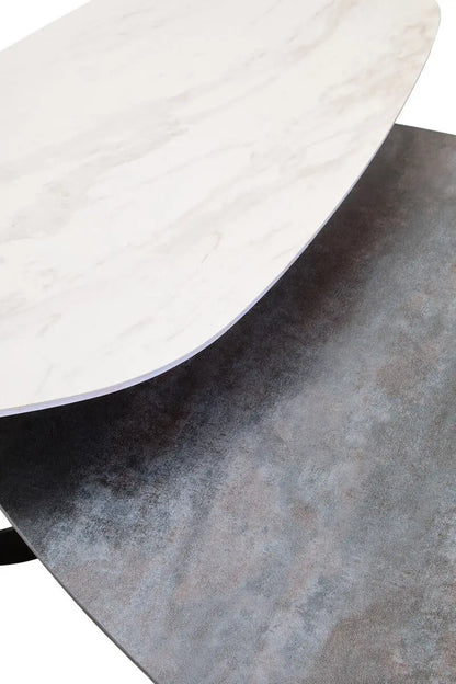Grey and White Marble Effect Ceramic Tops Large 2-Tier Asymmetrical Coffee Table with Black Metal Base, Imperia