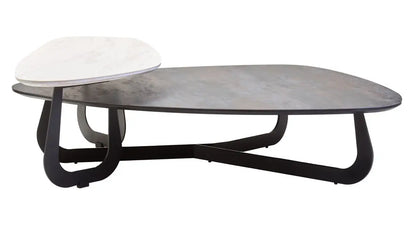 Grey and White Marble Effect Ceramic Tops Large 2-Tier Asymmetrical Coffee Table with Black Metal Base, Imperia