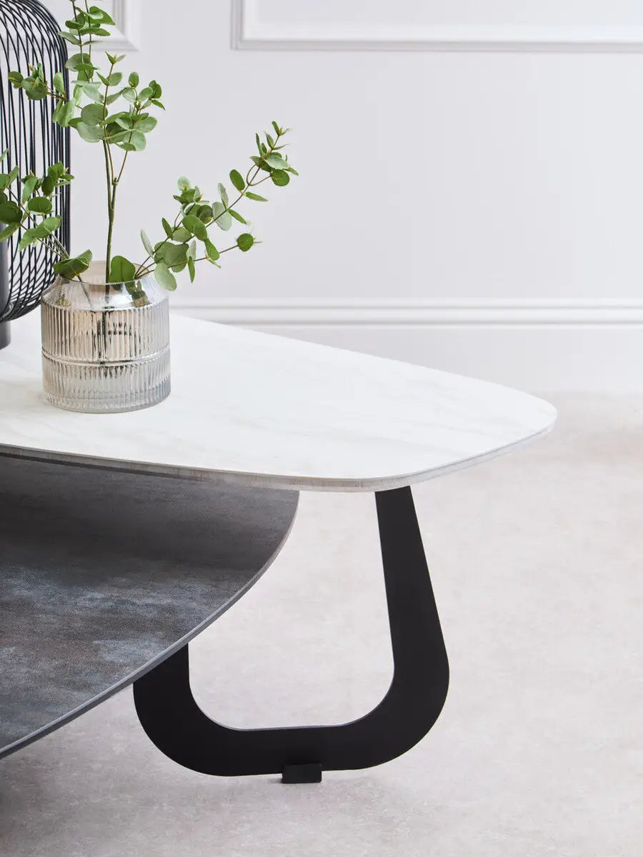 Grey and White Marble Effect Ceramic Tops Large 2-Tier Asymmetrical Coffee Table with Black Metal Base, Imperia