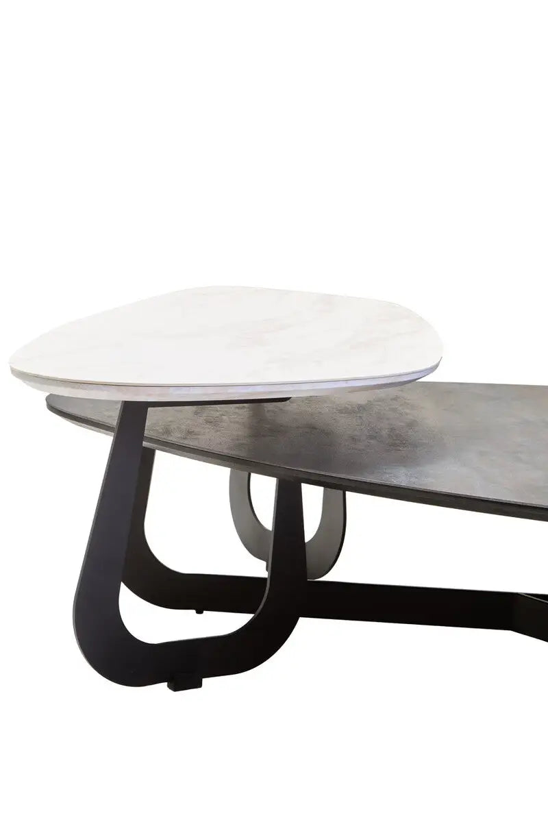 Grey and White Marble Effect Ceramic Tops Large 2-Tier Asymmetrical Coffee Table with Black Metal Base, Imperia