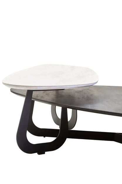 Grey and White Marble Effect Ceramic Tops Large 2-Tier Asymmetrical Coffee Table with Black Metal Base, Imperia