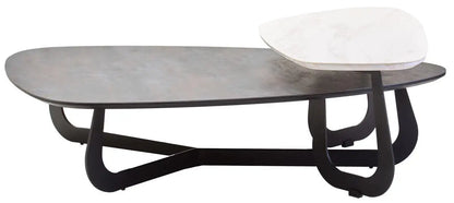 Grey and White Marble Effect Ceramic Tops Large 2-Tier Asymmetrical Coffee Table with Black Metal Base, Imperia