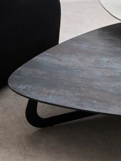 Grey and White Marble Effect Ceramic Tops Large 2-Tier Asymmetrical Coffee Table with Black Metal Base, Imperia