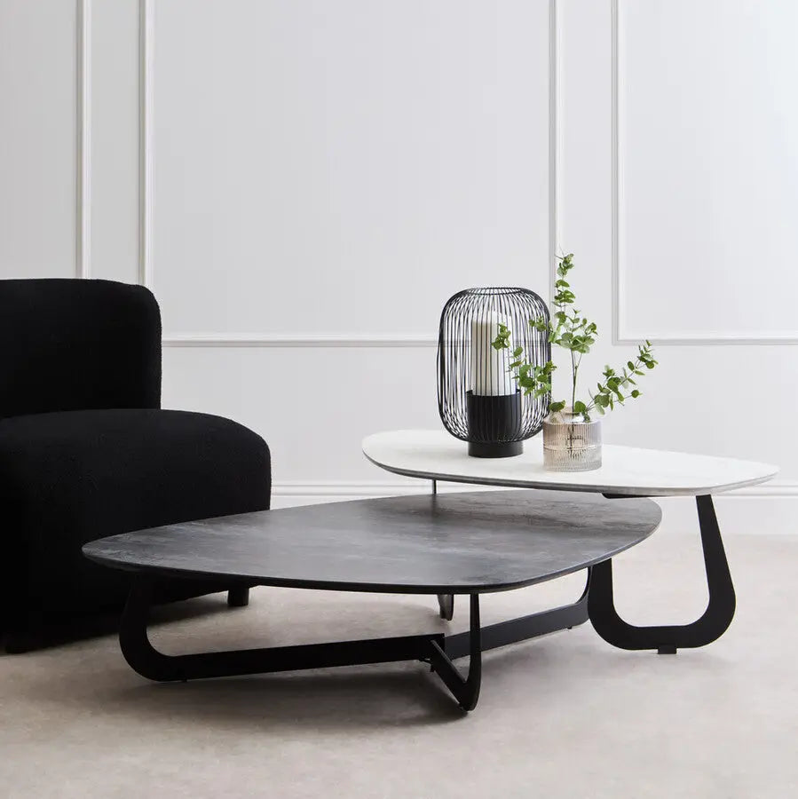 Grey and White Marble Effect Ceramic Tops Large 2-Tier Asymmetrical Coffee Table with Black Metal Base, Imperia