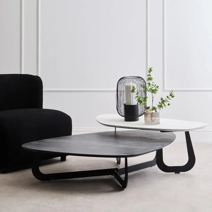 Grey and White Marble Effect Ceramic Tops Large 2-Tier Asymmetrical Coffee Table with Black Metal Base, Imperia