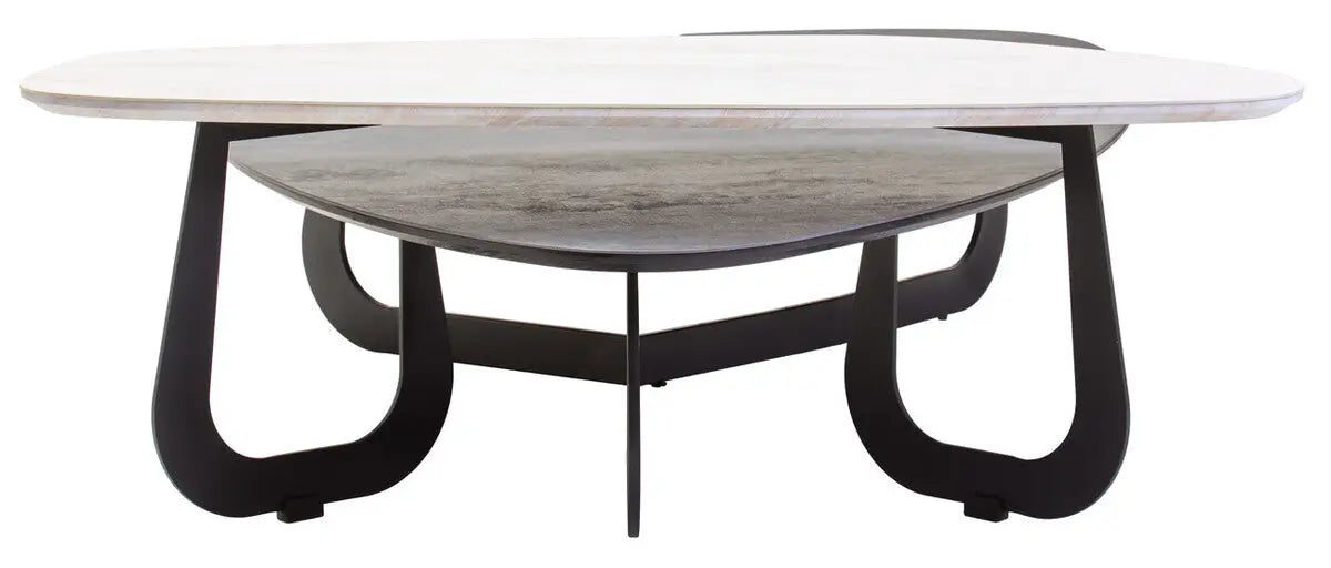 Grey and White Marble Effect Ceramic Tops Large 2-Tier Asymmetrical Coffee Table with Black Metal Base, Imperia