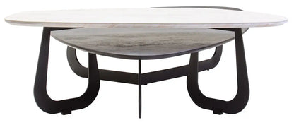 Grey and White Marble Effect Ceramic Tops Large 2-Tier Asymmetrical Coffee Table with Black Metal Base, Imperia