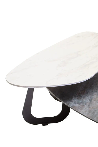 Grey and White Marble Effect Ceramic Tops Large 2-Tier Asymmetrical Coffee Table with Black Metal Base, Imperia
