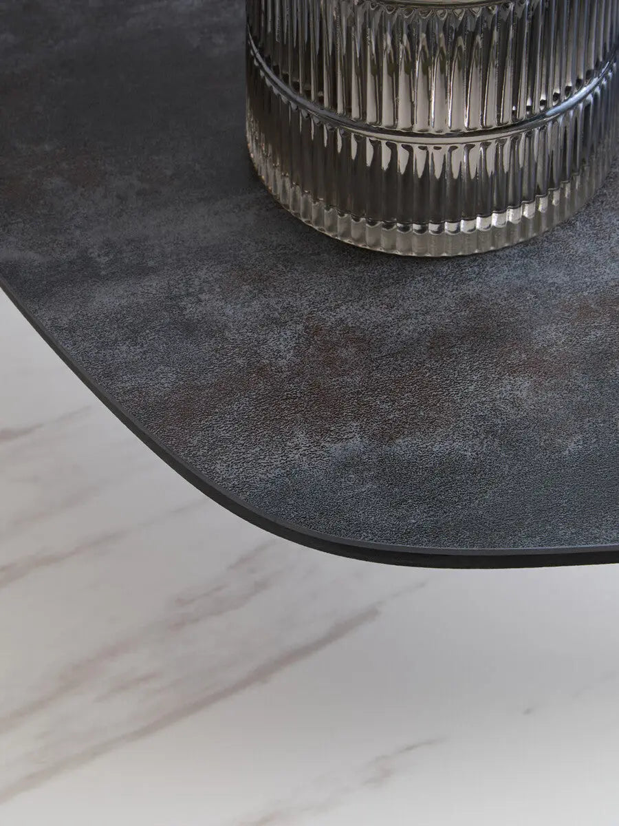 Grey and White Marble Effect Ceramic Tops Small 2-Tier Asymmetrical Coffee Table with Black Metal Base, Imperia