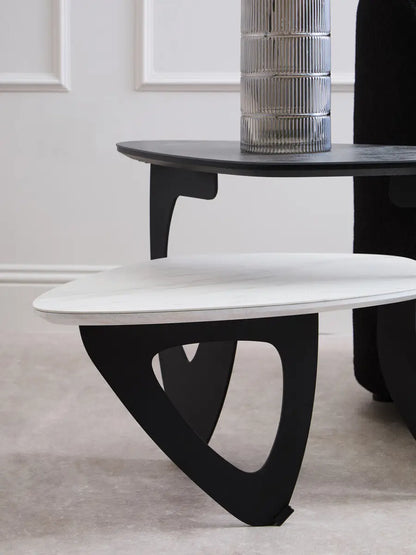 Grey and White Marble Effect Ceramic Tops Small 2-Tier Asymmetrical Coffee Table with Black Metal Base, Imperia