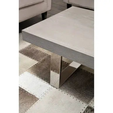 Grey Elm Wood Low Coffee Table with Silver U-Shaped Steel Legs, Ulmus