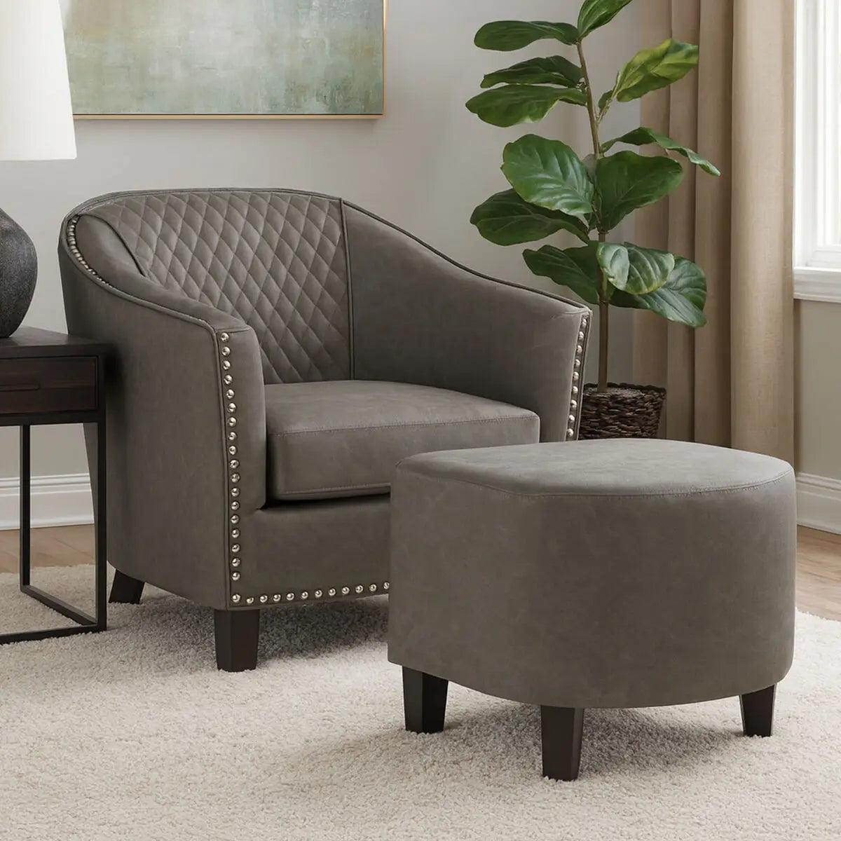 Grey Faux Leather Tub Chair with Footstool | Derby