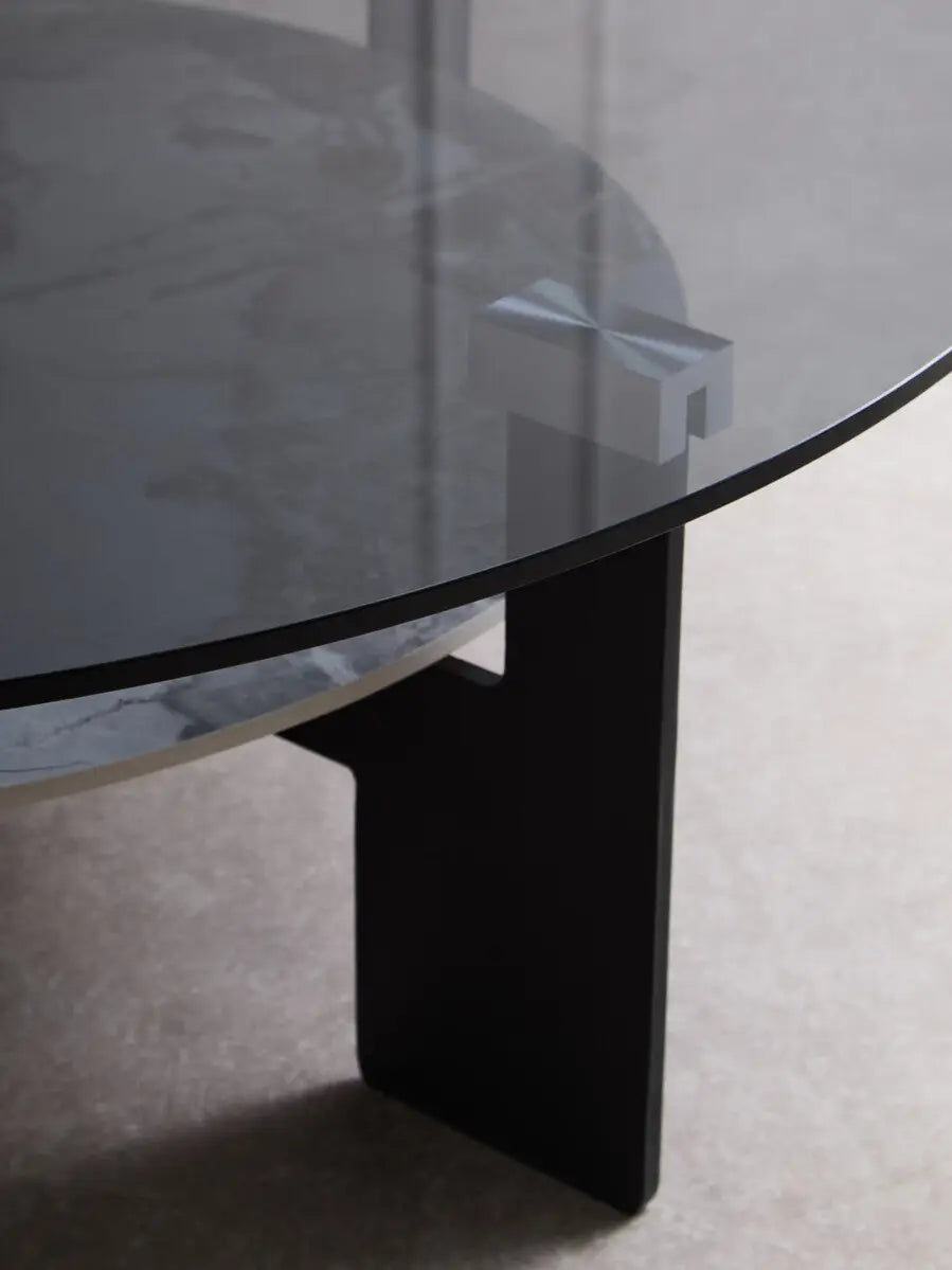 Grey Glass Large Round Top Coffee Table with Marble Effect Ceramic Lower Shelf and Black Metal Frame | Imperia